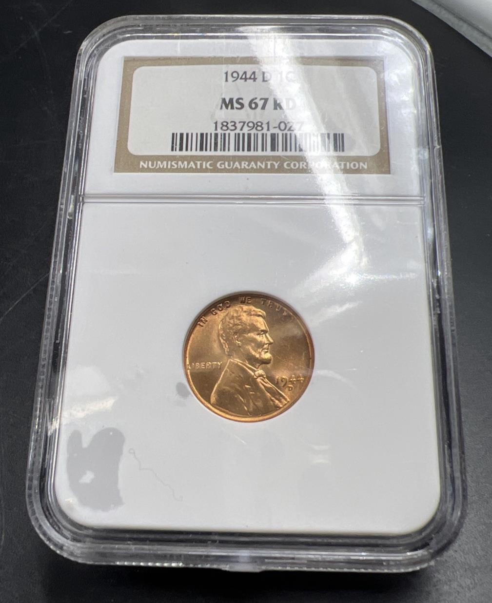 1944 D 1c Lincoln Wheat Cent Penny Coin NGC MS67 RD Gem BU Certified #027