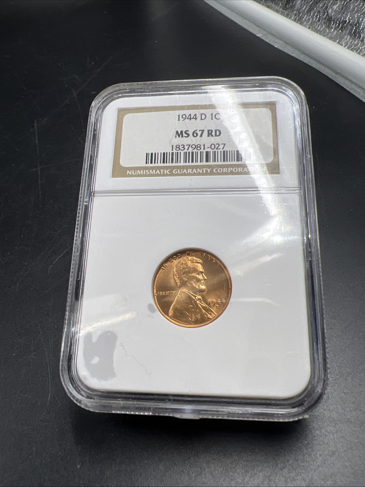 1944 D 1c Lincoln Wheat Cent Penny Coin NGC MS67 RD Gem BU Certified #027