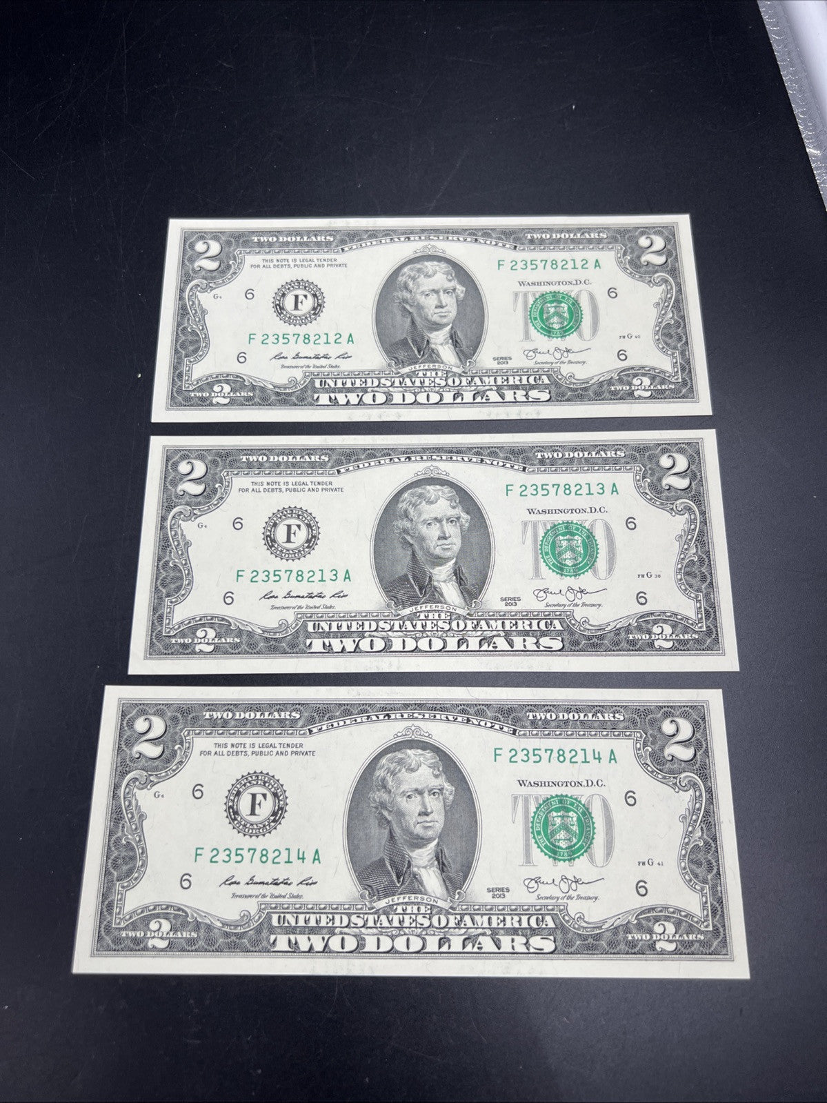 3 Consecutive 2013 $2 Two Dollar FRN Federal Reserve Notes UNC #214