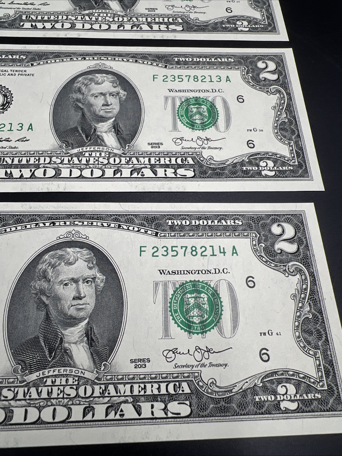 3 Consecutive 2013 $2 Two Dollar FRN Federal Reserve Notes UNC #214