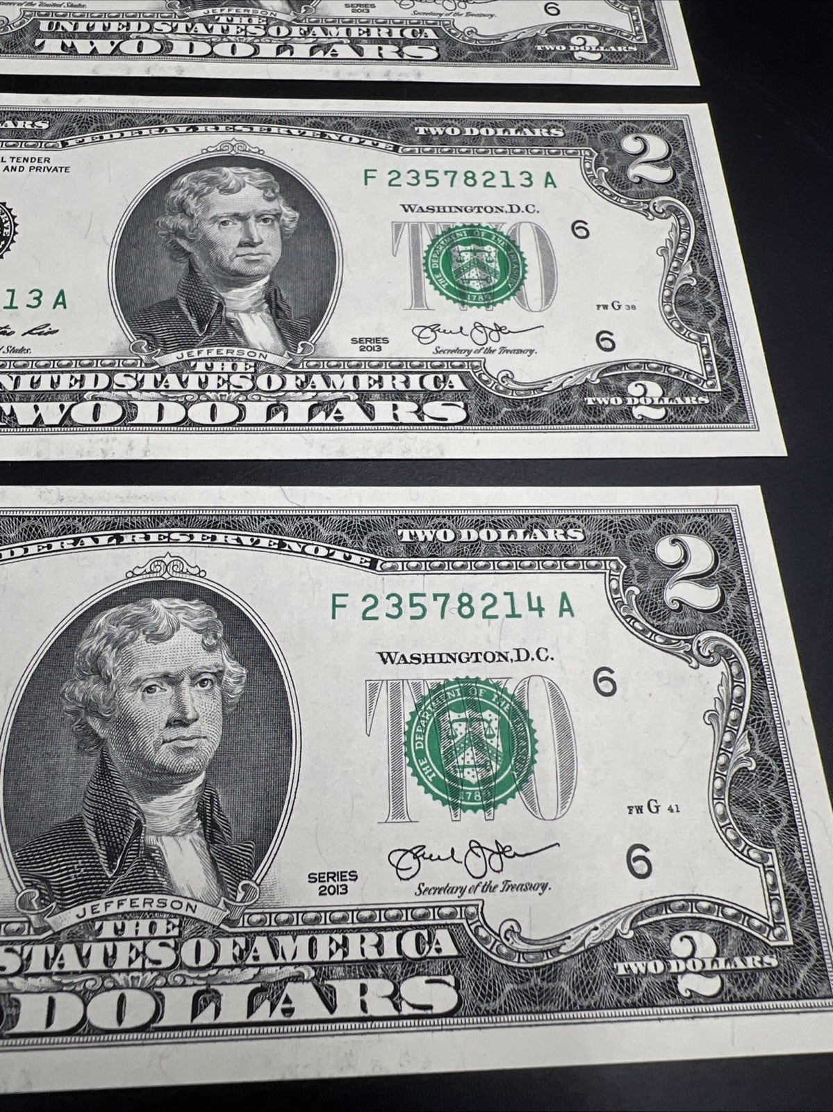 3 Consecutive 2013 $2 Two Dollar FRN Federal Reserve Notes UNC #214