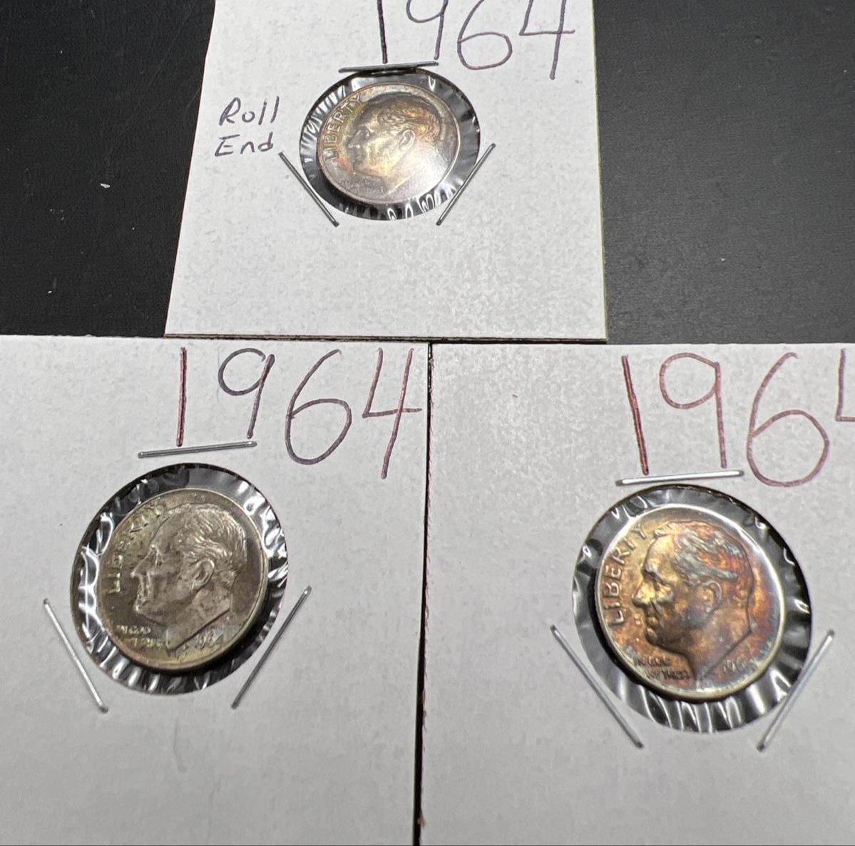 Toner Trio 3 Nice toned 1964 Roosevelt Silver Dime Coins BU UNC SKURLLEND#2025A