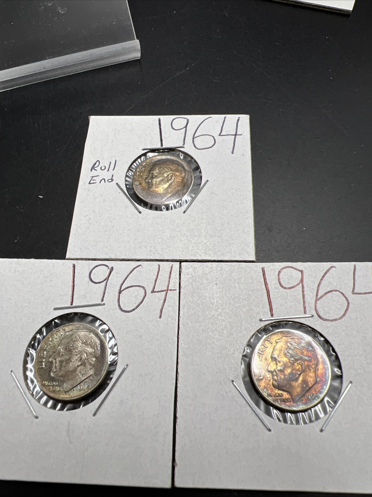 Toner Trio 3 Nice toned 1964 Roosevelt Silver Dime Coins BU UNC SKURLLEND#2025A