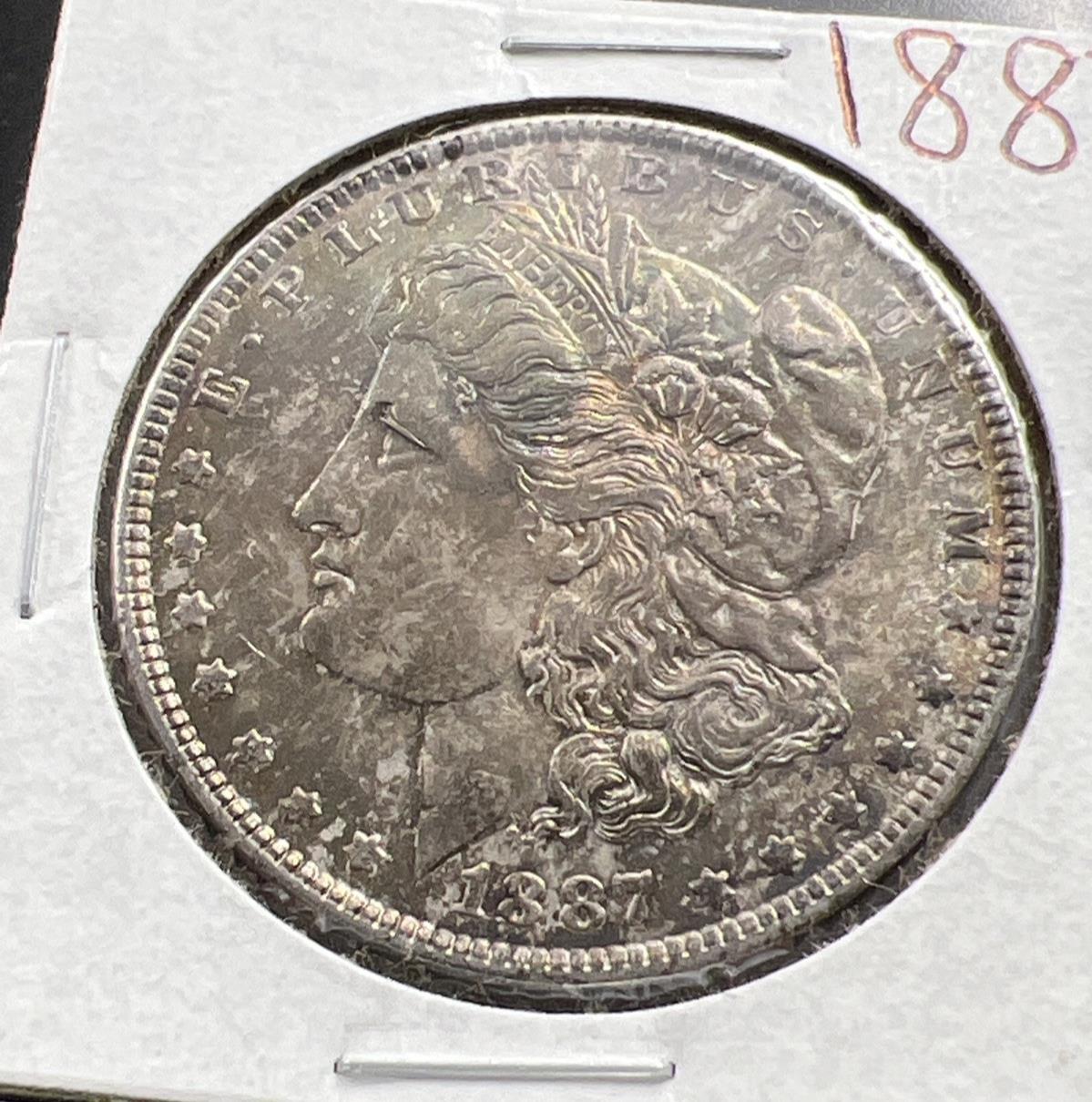 1887 P $1 Morgan Silver Dollar Coin Choice AU About UNC Neat Toning Obverse