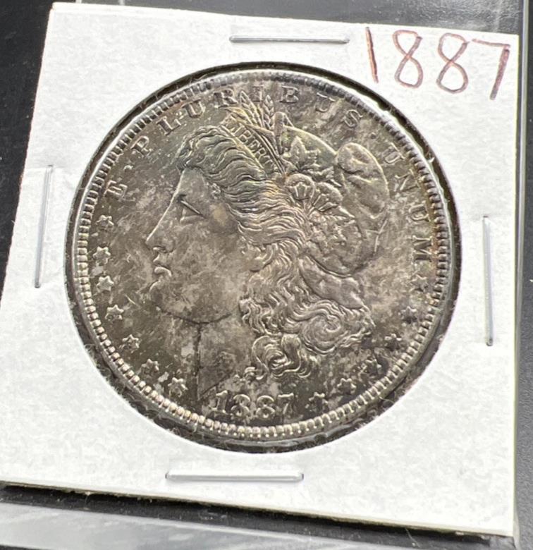 1887 P $1 Morgan Silver Dollar Coin Choice AU About UNC Neat Toning Obverse