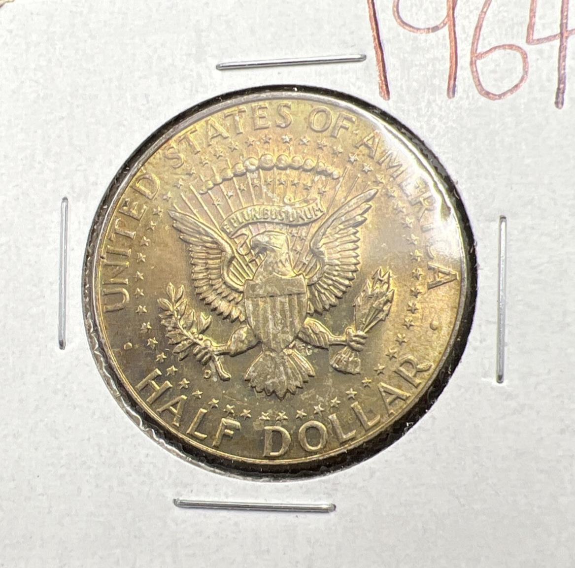 1964 P 50c Kennedy Silver Half Dollar Coin Choice AU About UNC Amber Toning Tone