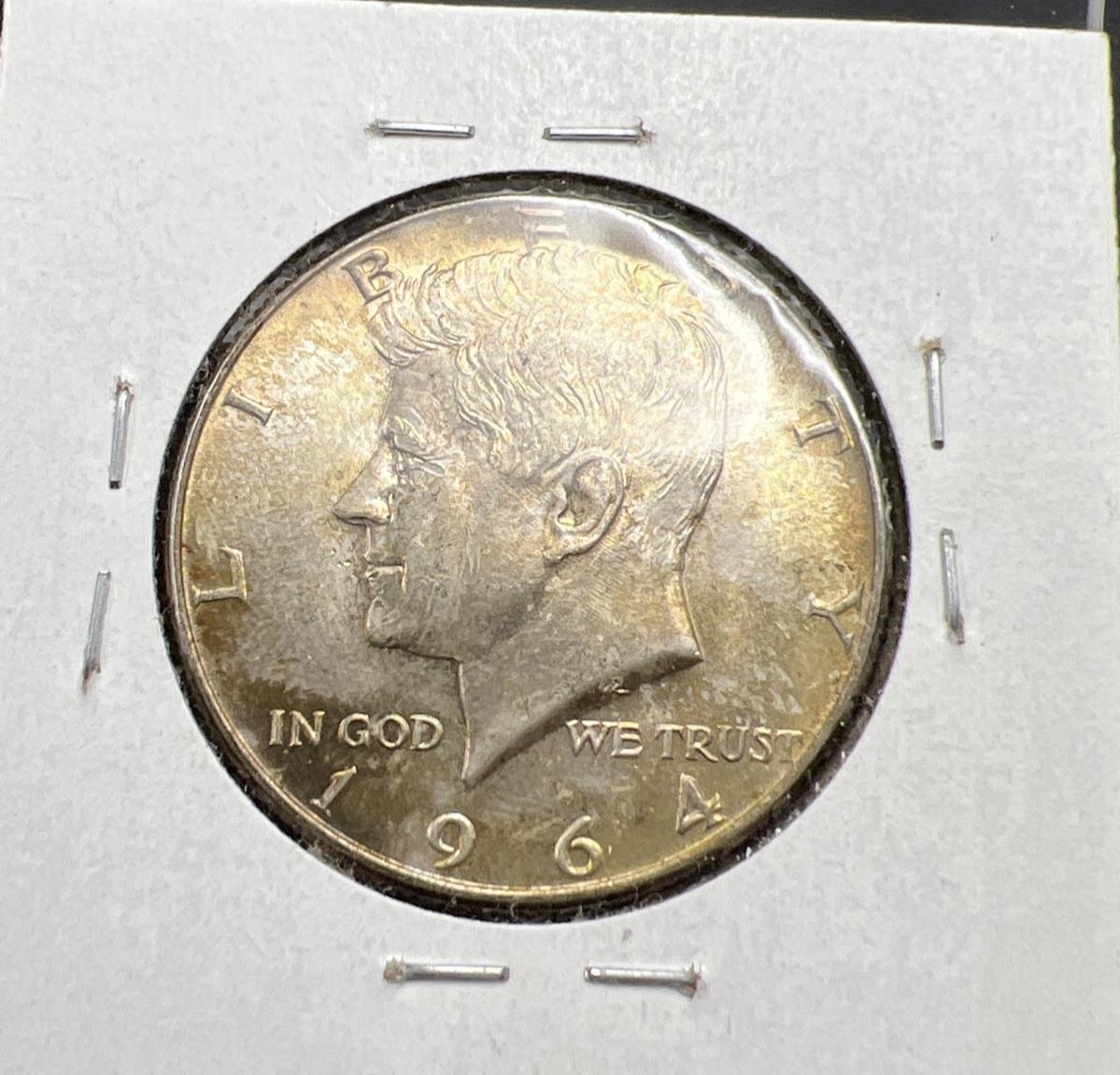 1964 P 50c Kennedy Silver Half Dollar Coin Choice AU About UNC Amber Toning Tone