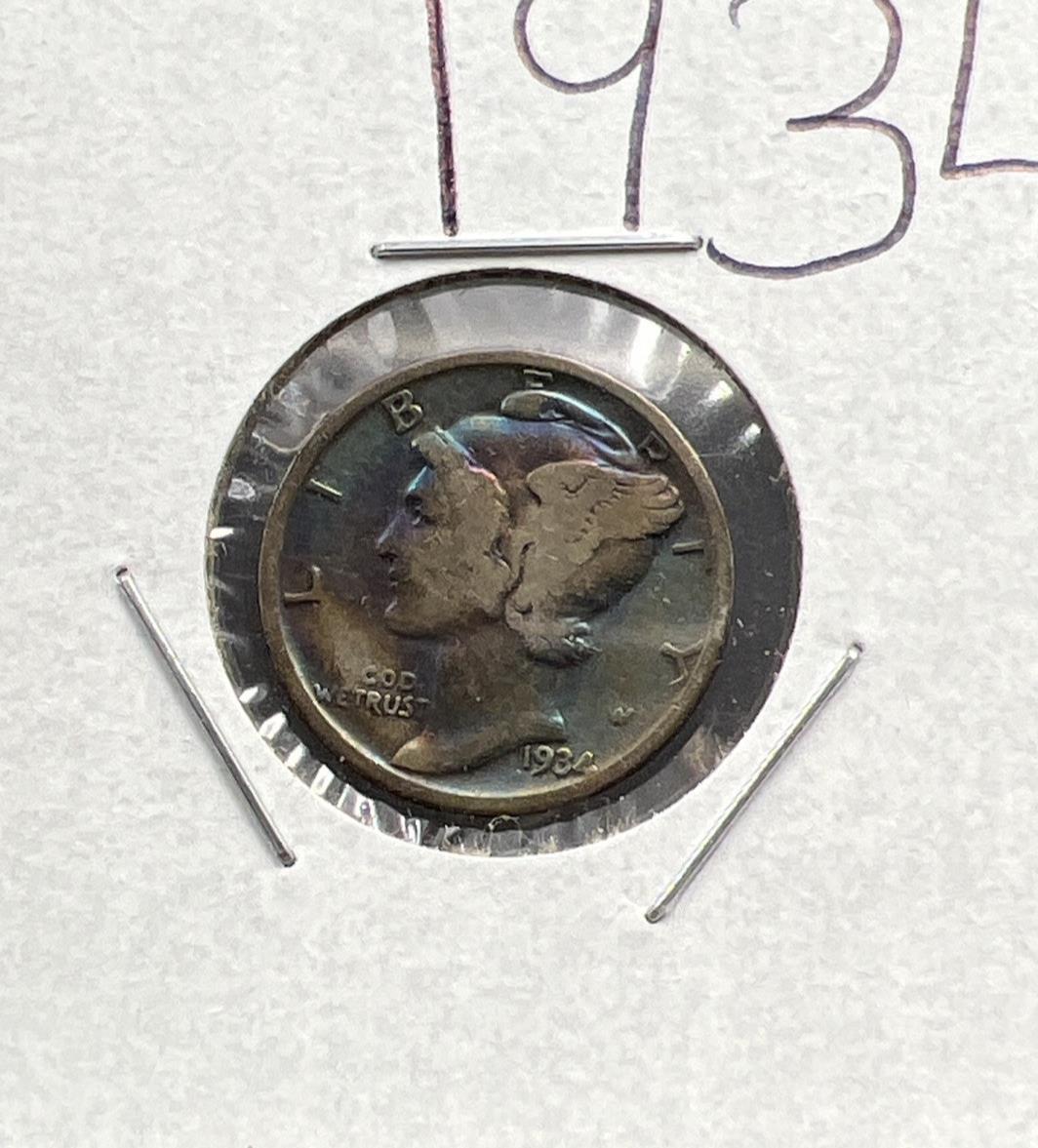 1934 P 10c Mercury Silver Dime Coin Neat Blue Toning Toner