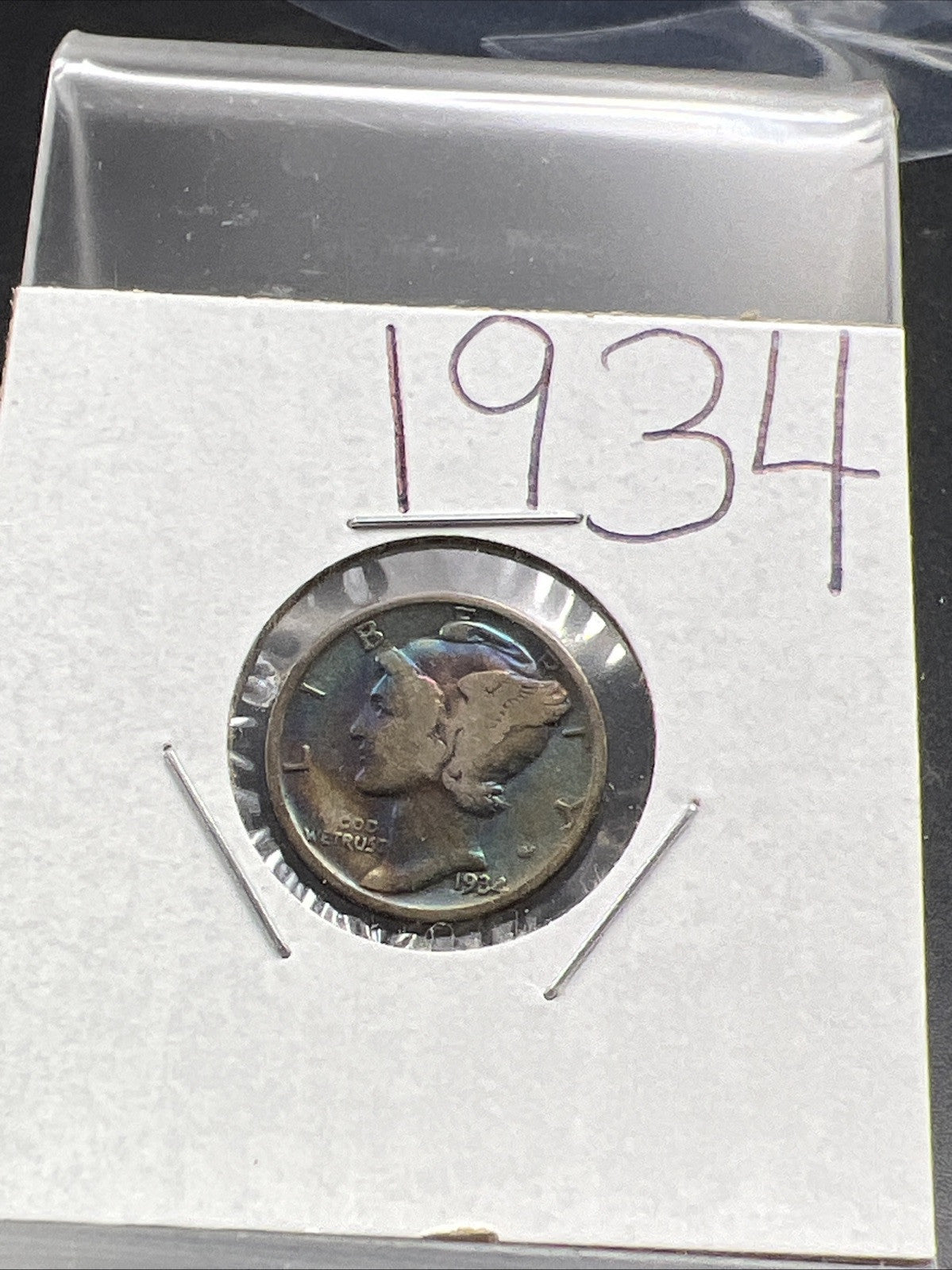 1934 P 10c Mercury Silver Dime Coin Neat Blue Toning Toner