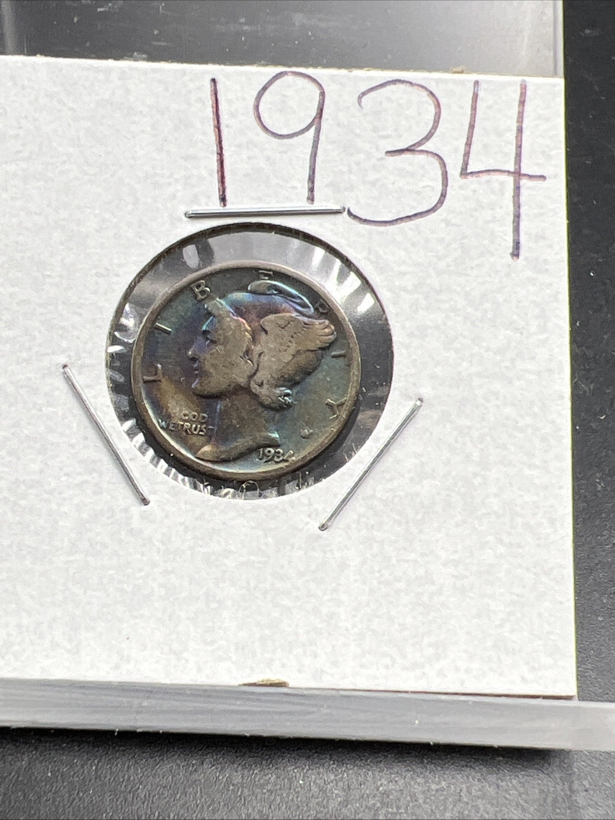 1934 P 10c Mercury Silver Dime Coin Neat Blue Toning Toner