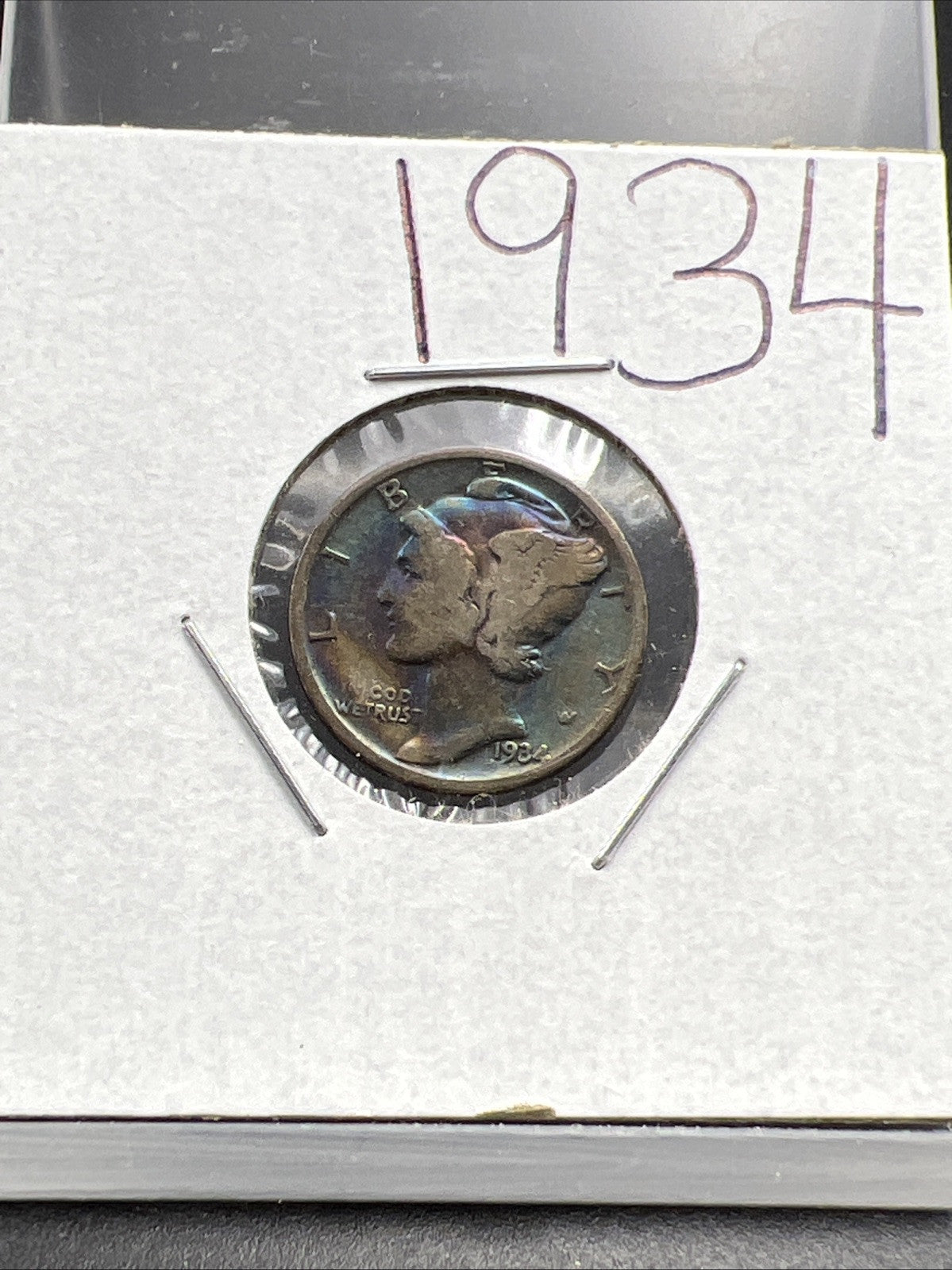 1934 P 10c Mercury Silver Dime Coin Neat Blue Toning Toner