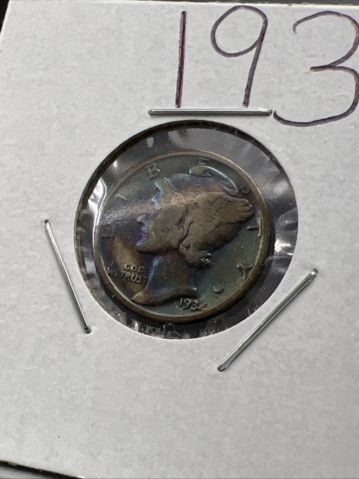 1934 P 10c Mercury Silver Dime Coin Neat Blue Toning Toner