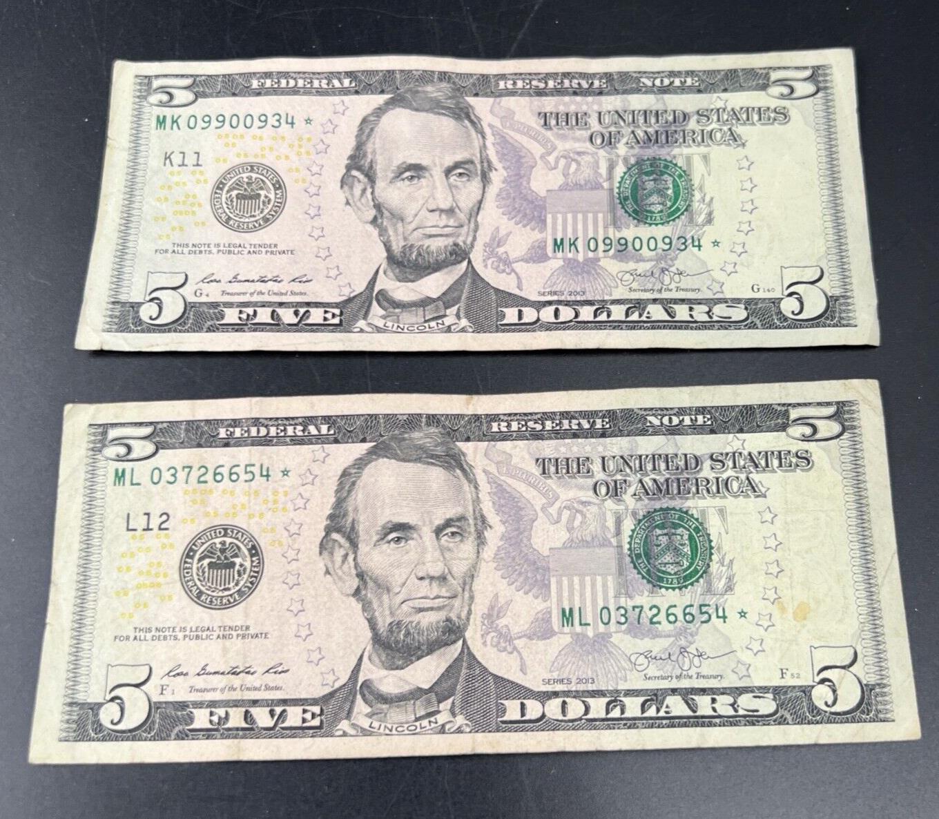 Lot of 2 2013 * Star $5 FRN Federal Reserve Notes Circulated #821