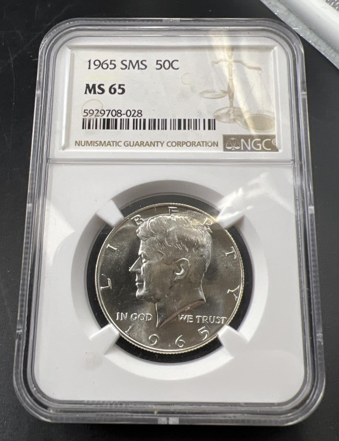 1965 SMS 50c Kennedy 40% Silver Half Dollar Coin MS65 NGC #028