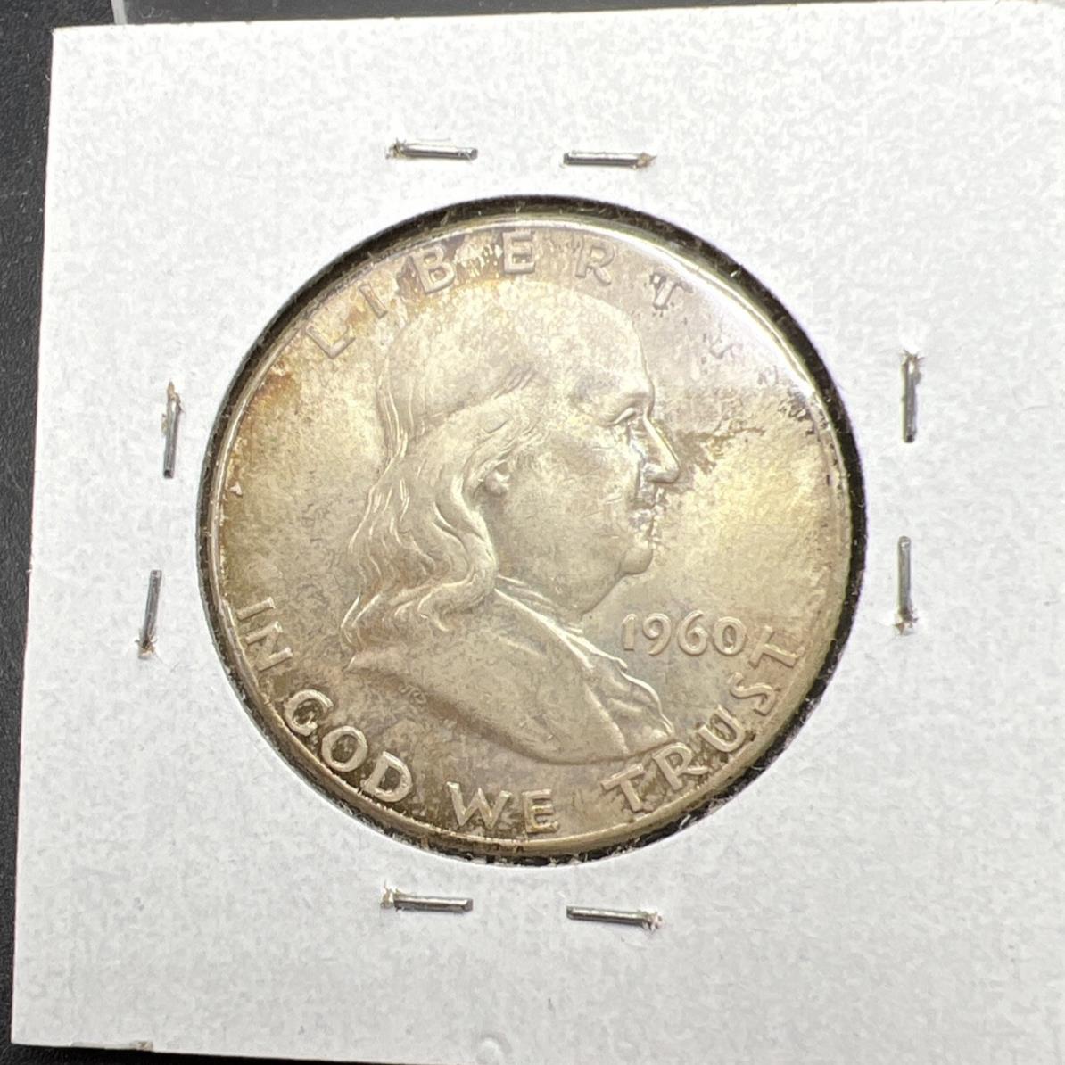 1960 P Franklin Half Dollar Silver Coin Choice AU About UNC Nice Toning Toner