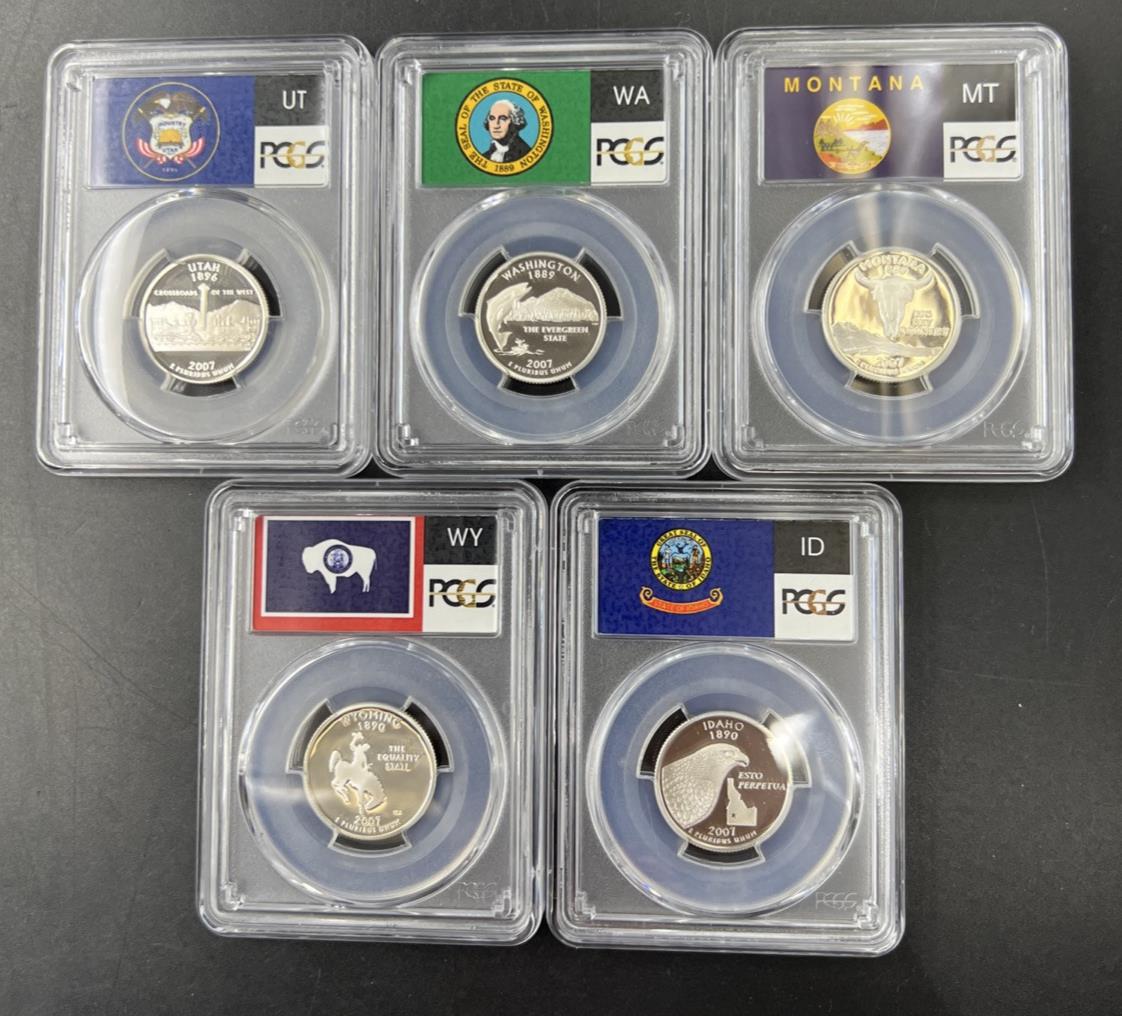 2007 S Complete 5 Coin Silver Proof Quarter Set PCGS Graded PR69 DCAM Flag Label