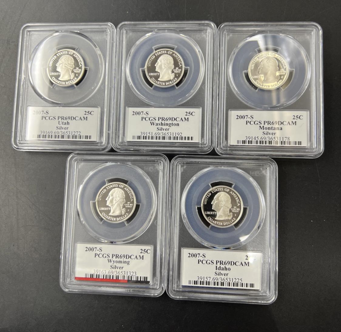 2007 S Complete 5 Coin Silver Proof Quarter Set PCGS Graded PR69 DCAM Flag Label