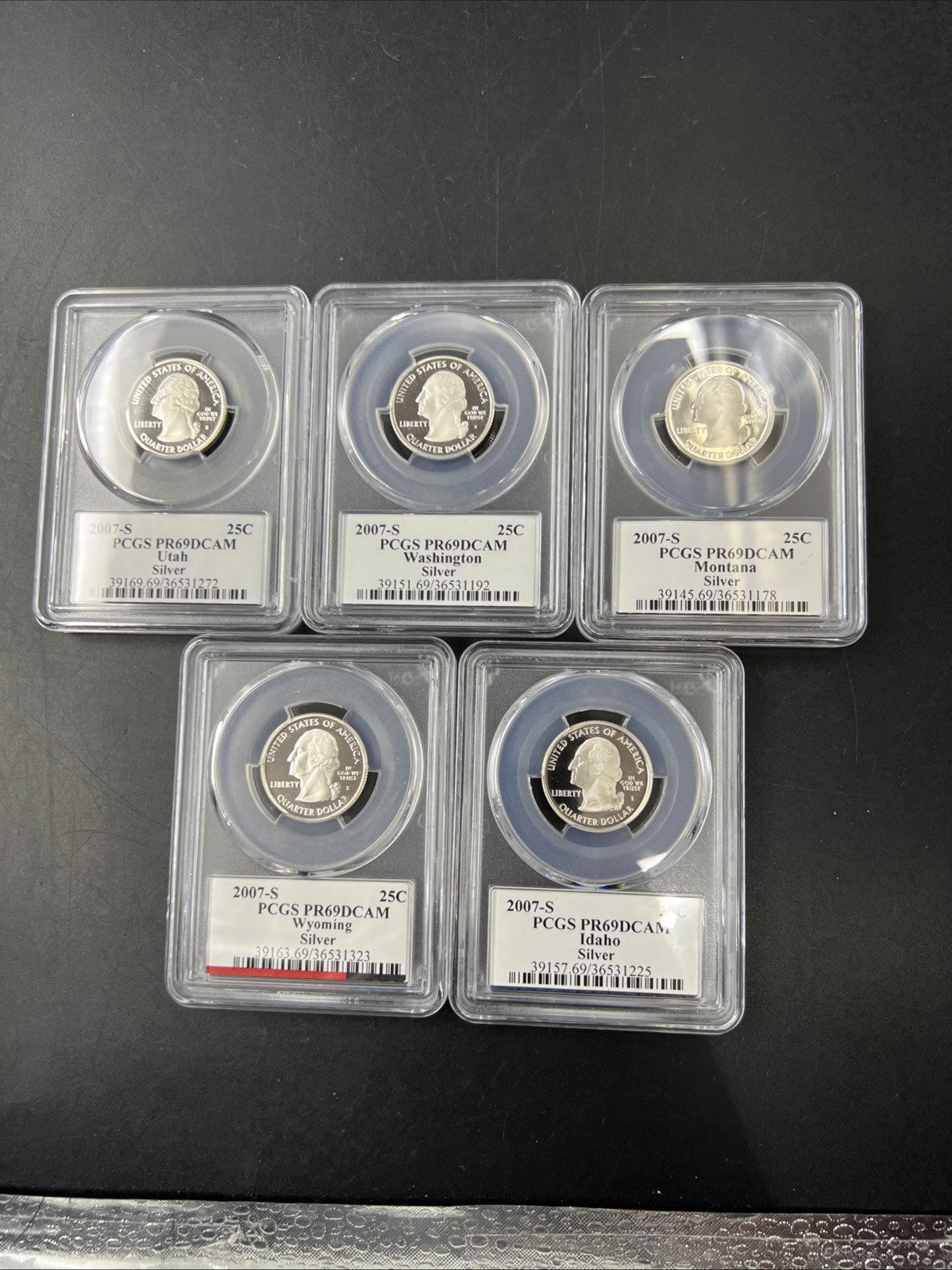 2007 S Complete 5 Coin Silver Proof Quarter Set PCGS Graded PR69 DCAM Flag Label