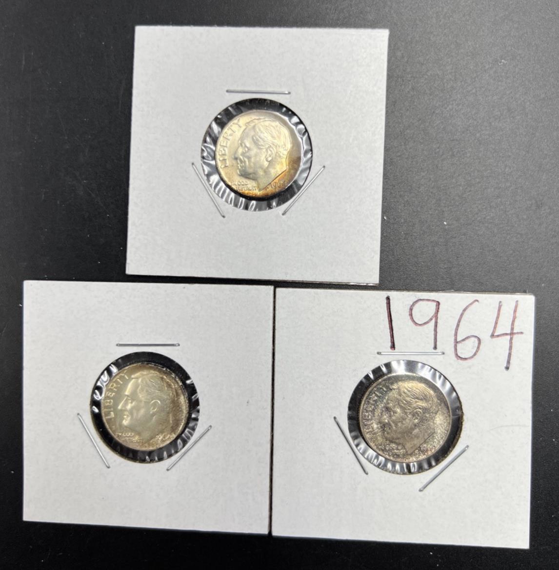 Toner Trio 3 Nice toned 1964 Roosevelt Silver Dime Coins BU UNC SKUGN#2025A