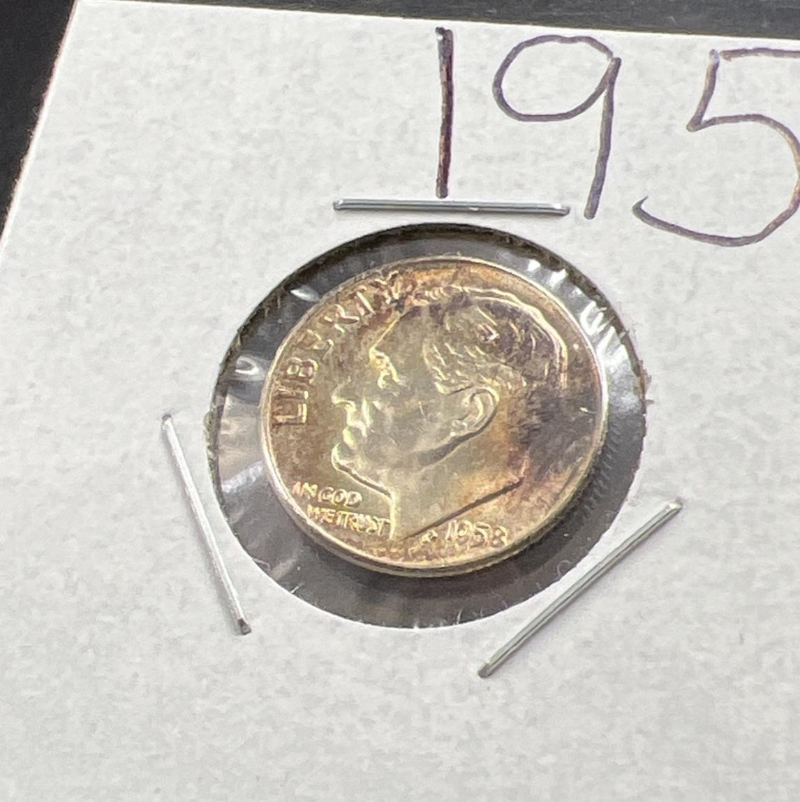 1958 P 10c Roosevelt Silver Dime Neat Toning Toner #YL UNC