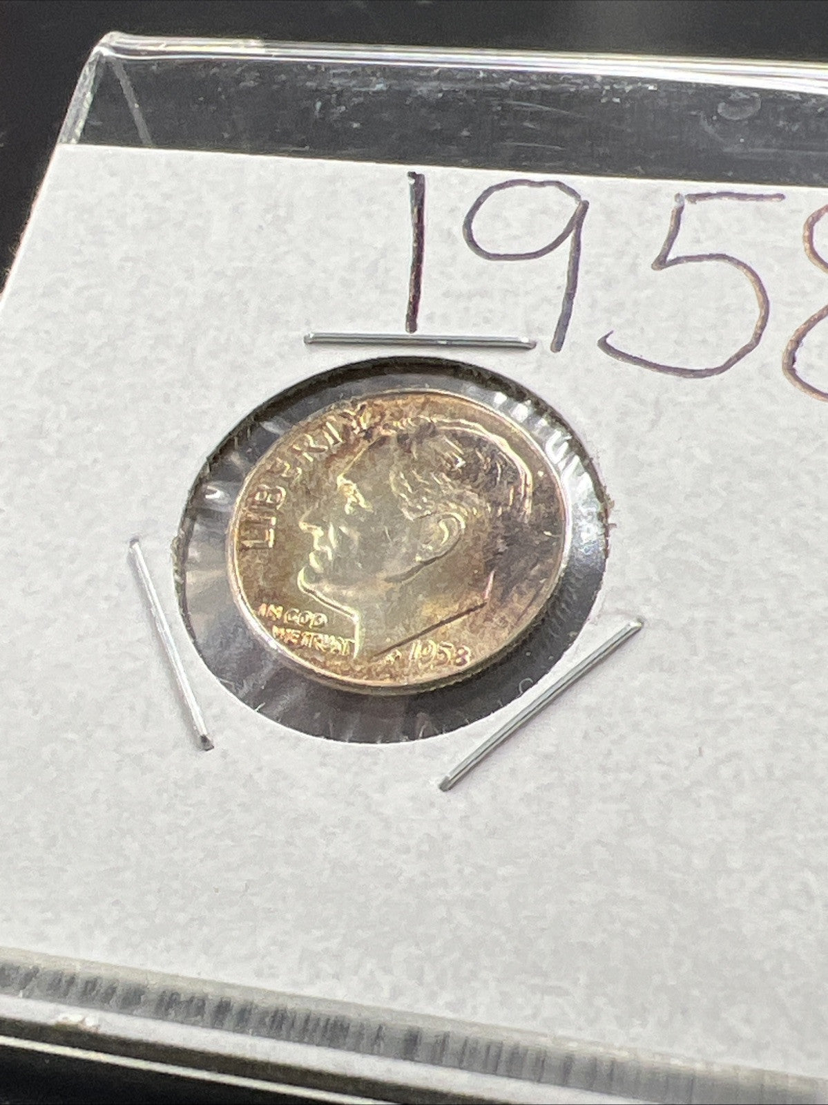 1958 P 10c Roosevelt Silver Dime Neat Toning Toner #YL UNC