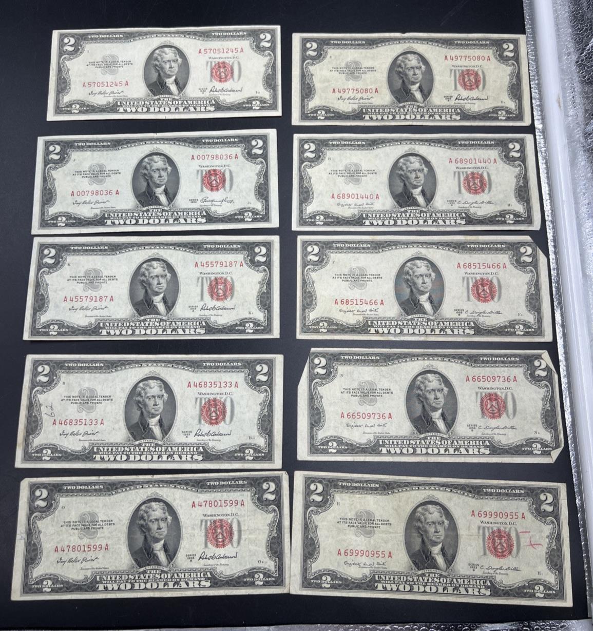 Lot of 10 1953 $2 Two Dollar USN Red Seal Legal Tender Notes VG + Circ #955
