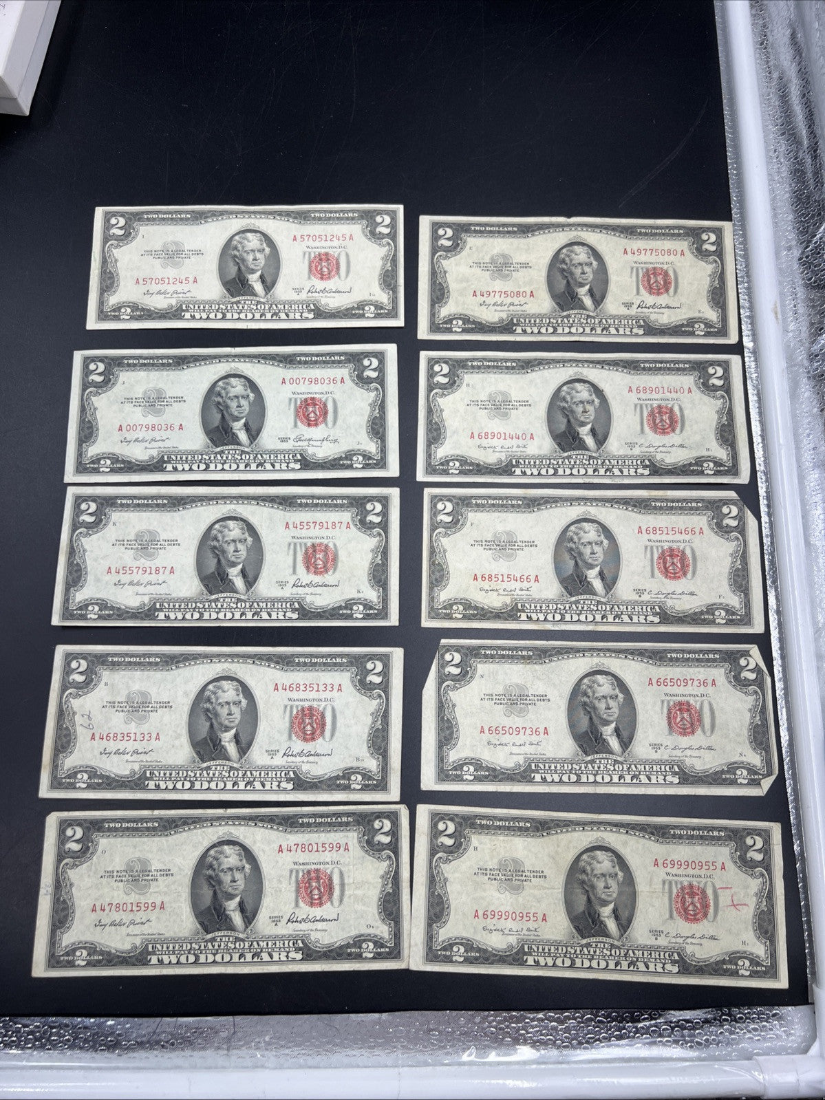 Lot of 10 1953 $2 Two Dollar USN Red Seal Legal Tender Notes VG + Circ #955