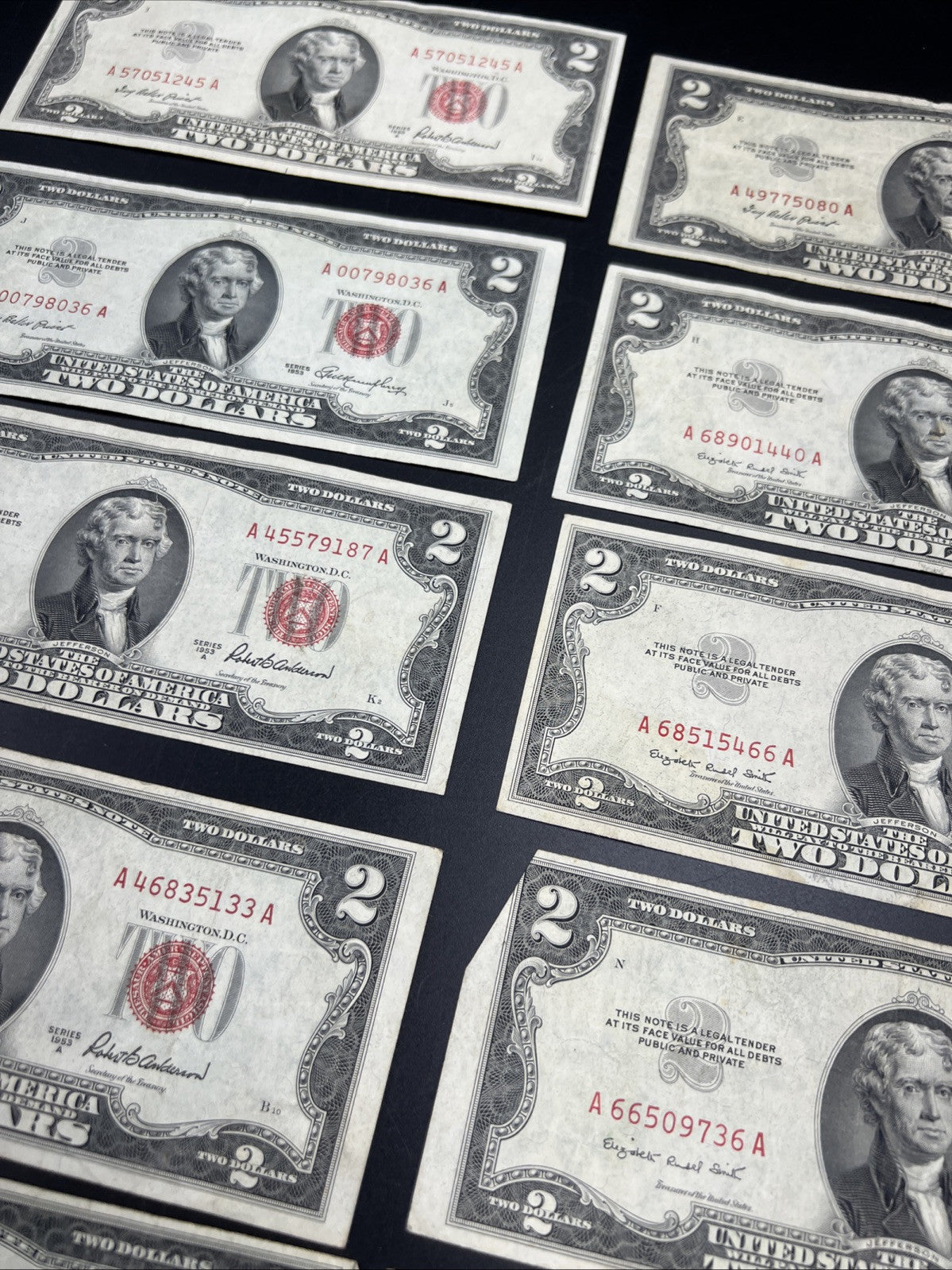 Lot of 10 1953 $2 Two Dollar USN Red Seal Legal Tender Notes VG + Circ #955