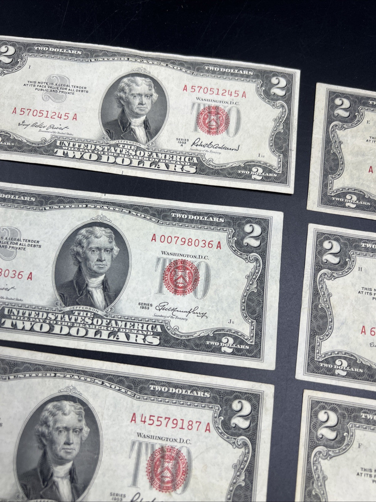 Lot of 10 1953 $2 Two Dollar USN Red Seal Legal Tender Notes VG + Circ #955