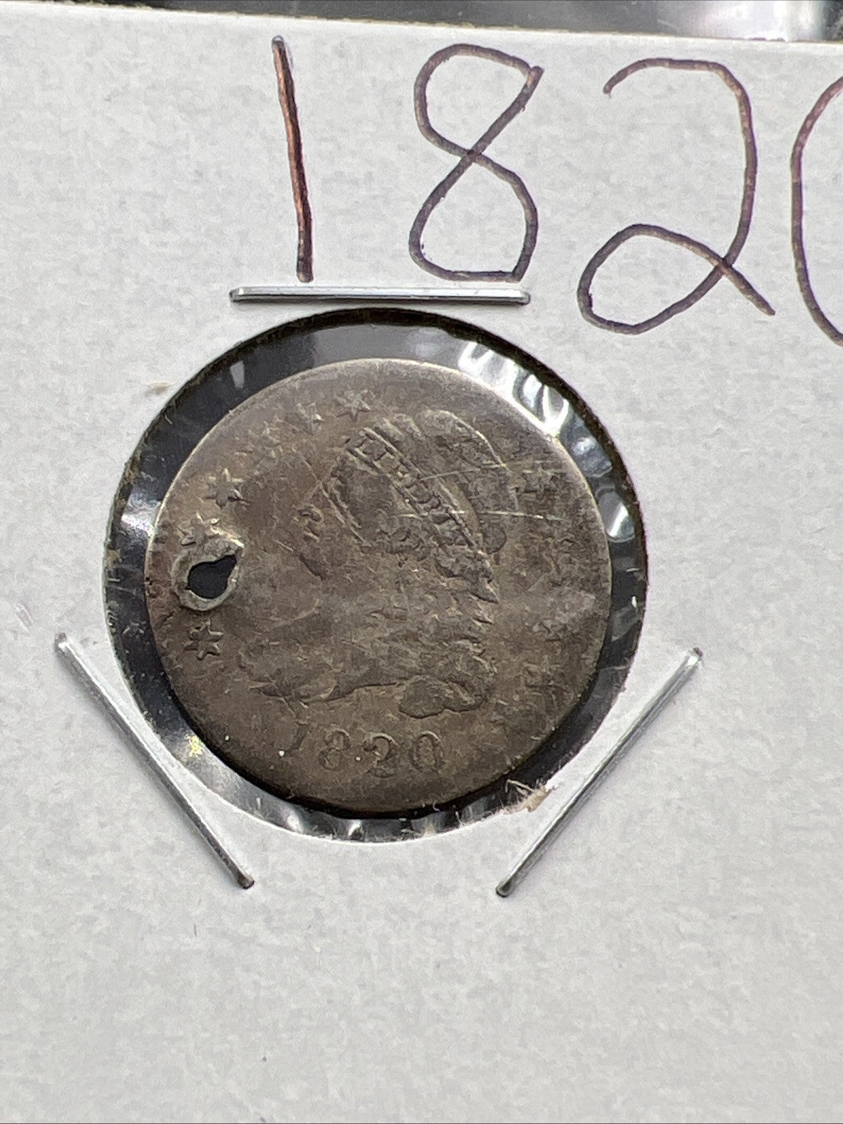 1820 10c Bust Capped Silver Dime Coin Cull Fine Details Holed Damaged