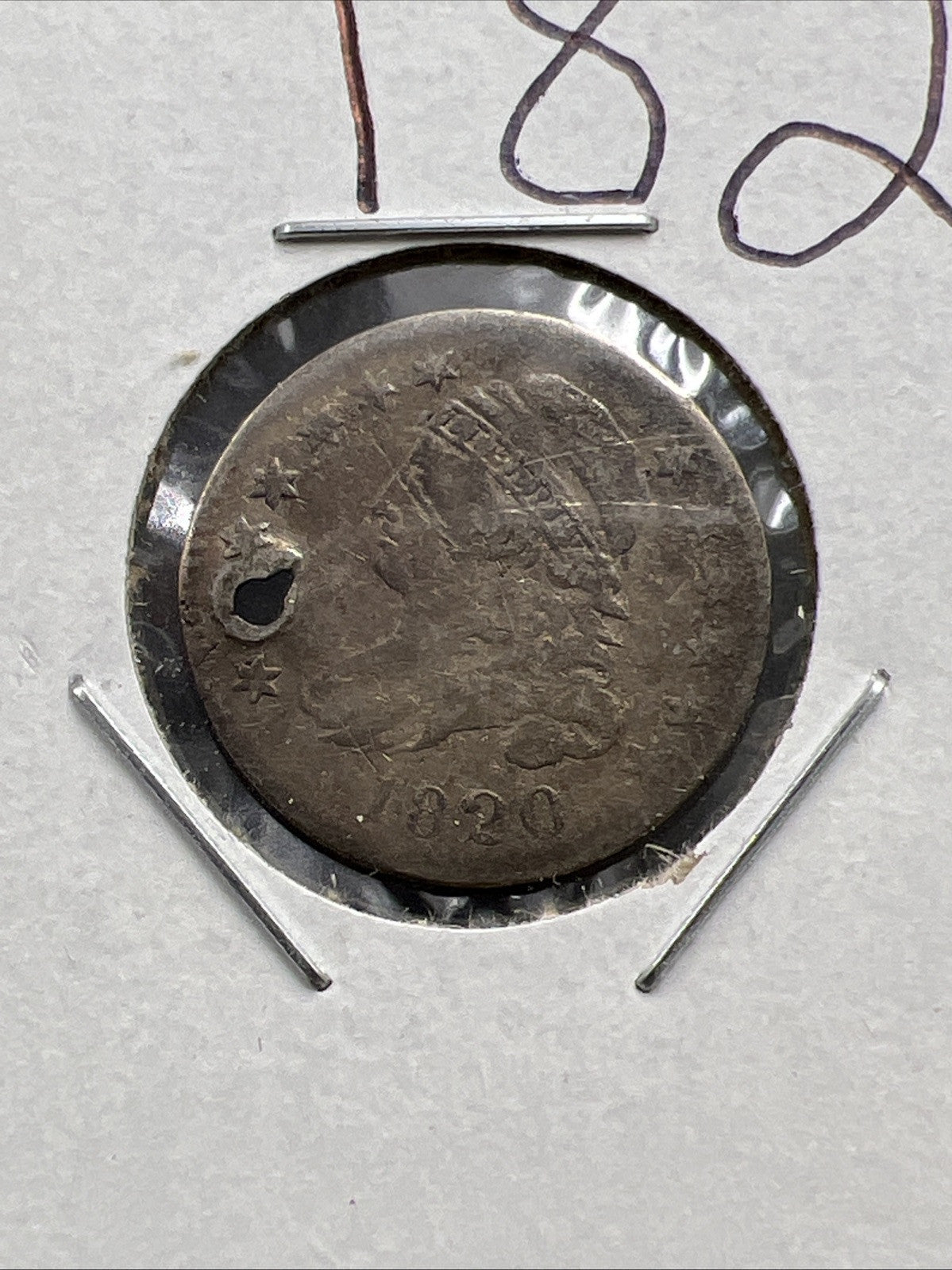 1820 10c Bust Capped Silver Dime Coin Cull Fine Details Holed Damaged