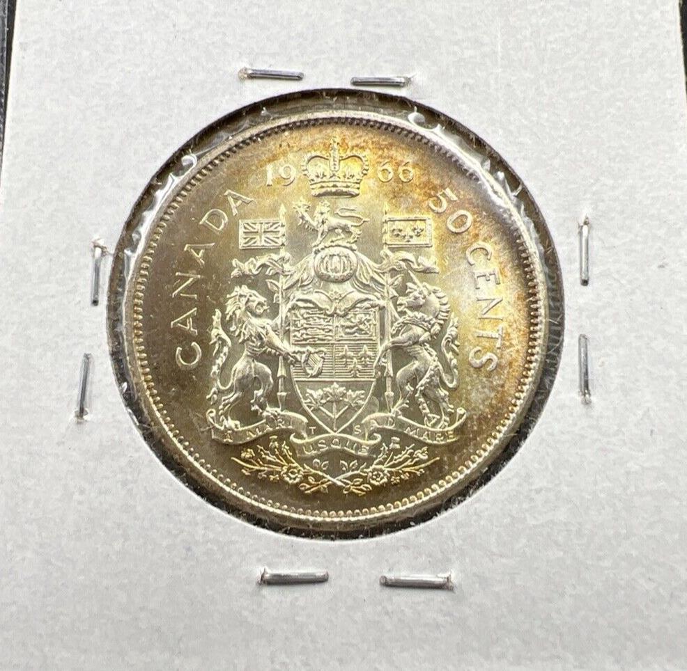 1966 Canada 50 Cents 80% Silver Half Dollar Coin Choice UNC PQ Toning #21125
