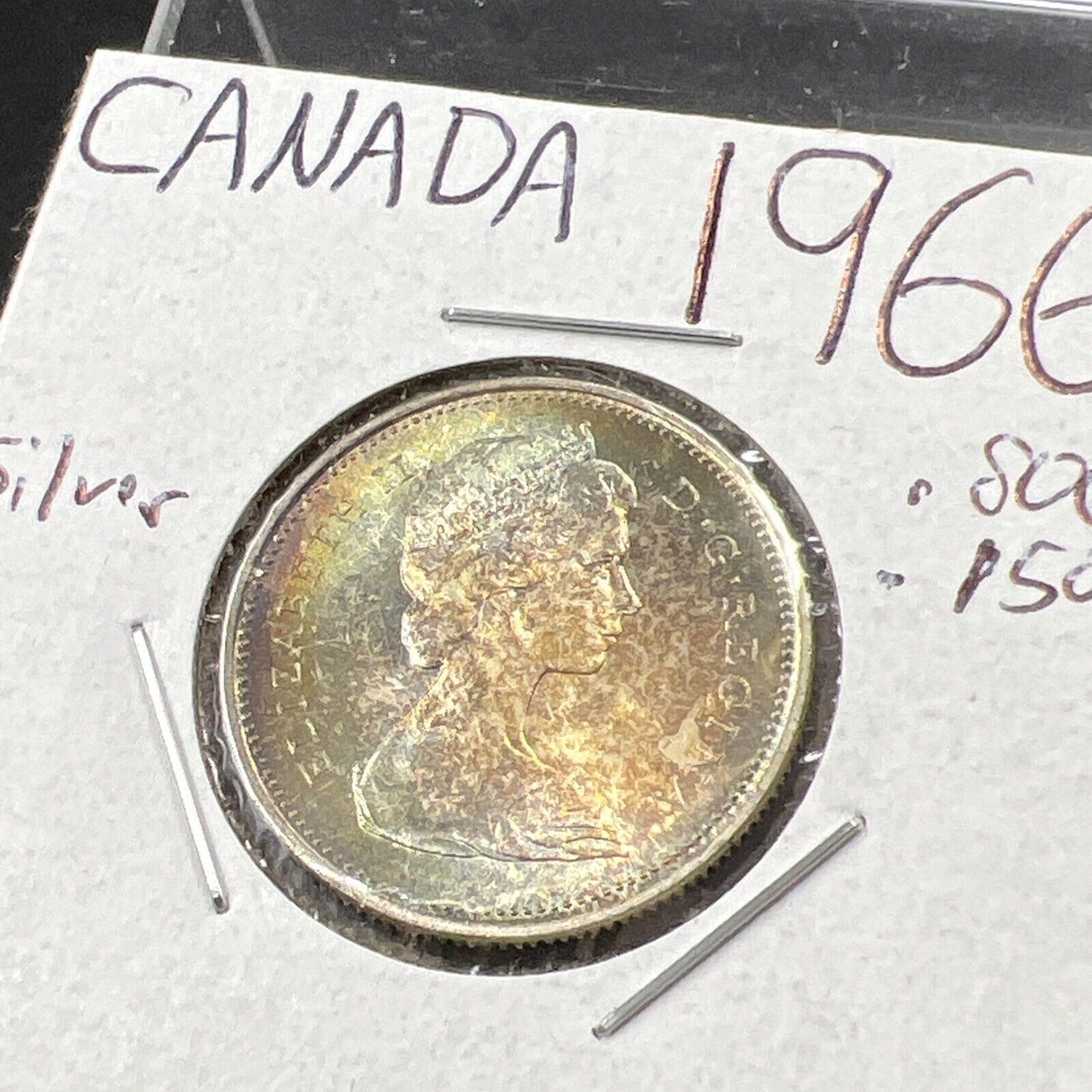 1966 Canada 25c 80% Silver Quarter Coin Gem UNC PQ Toning Obverse #A