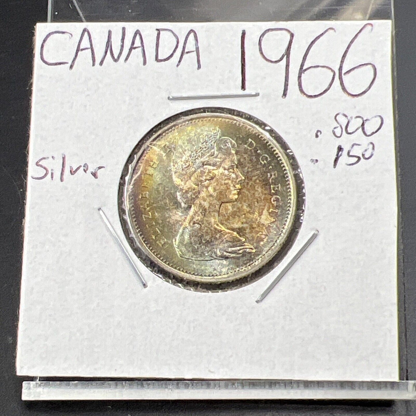 1966 Canada 25c 80% Silver Quarter Coin Gem UNC PQ Toning Obverse #A