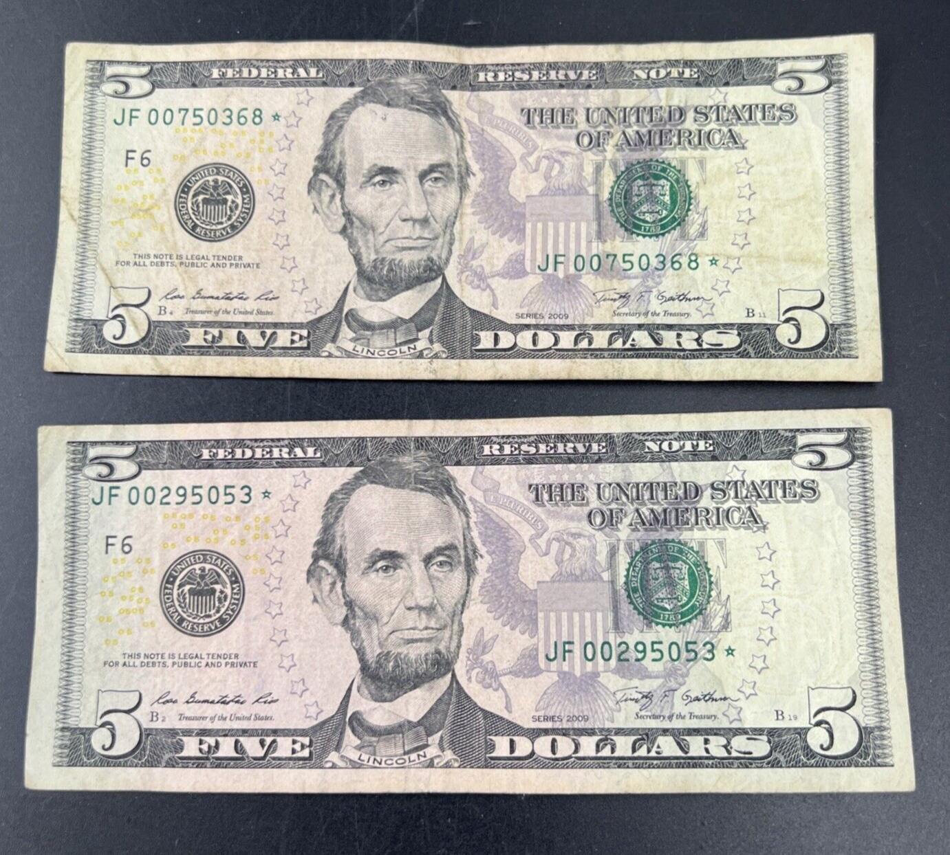 Lot of 2 2009 * Star $5 FRN Federal Reserve Notes Circulated #053