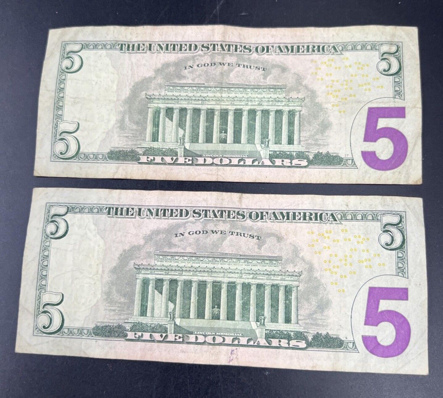 Lot of 2 2009 * Star $5 FRN Federal Reserve Notes Circulated #053