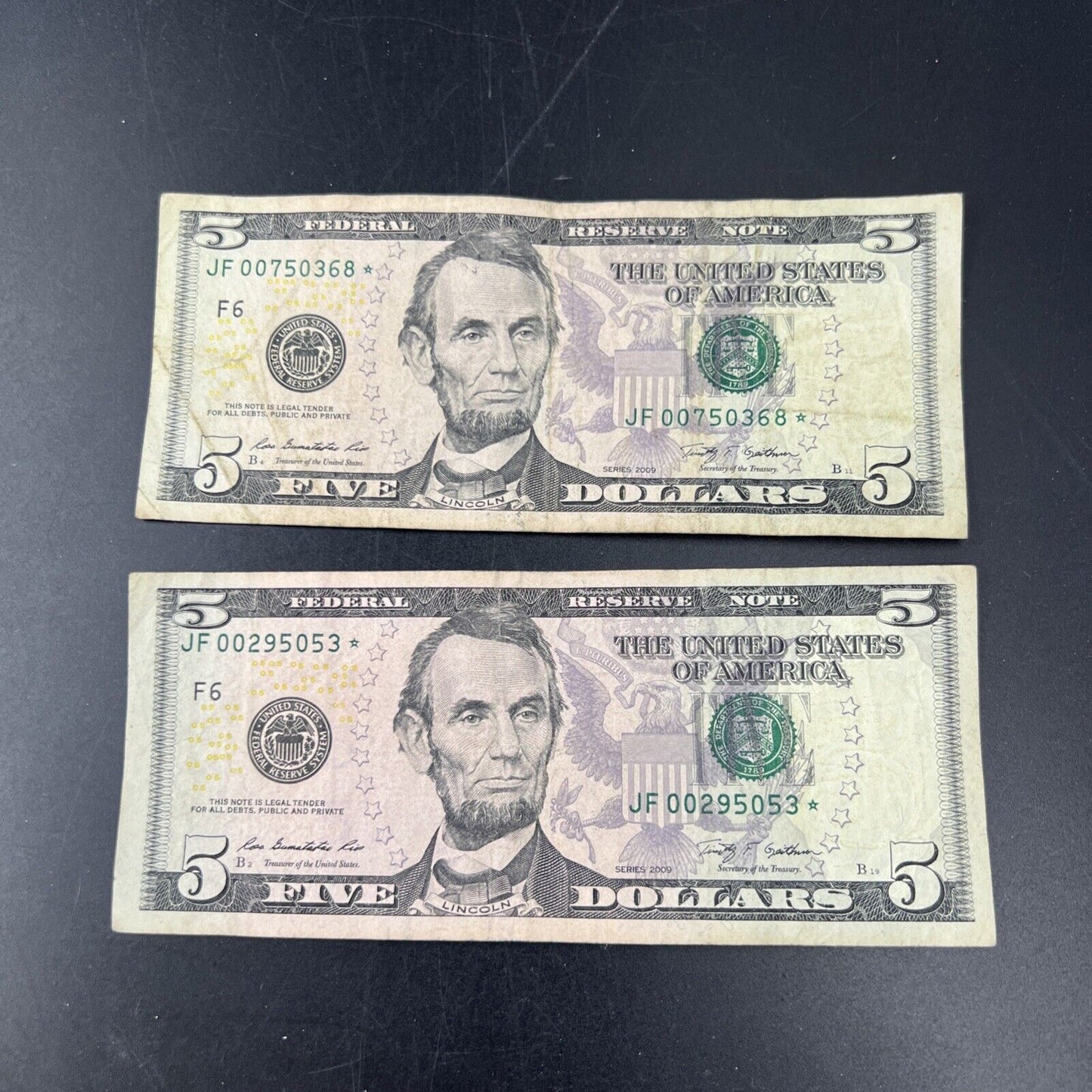 Lot of 2 2009 * Star $5 FRN Federal Reserve Notes Circulated #053
