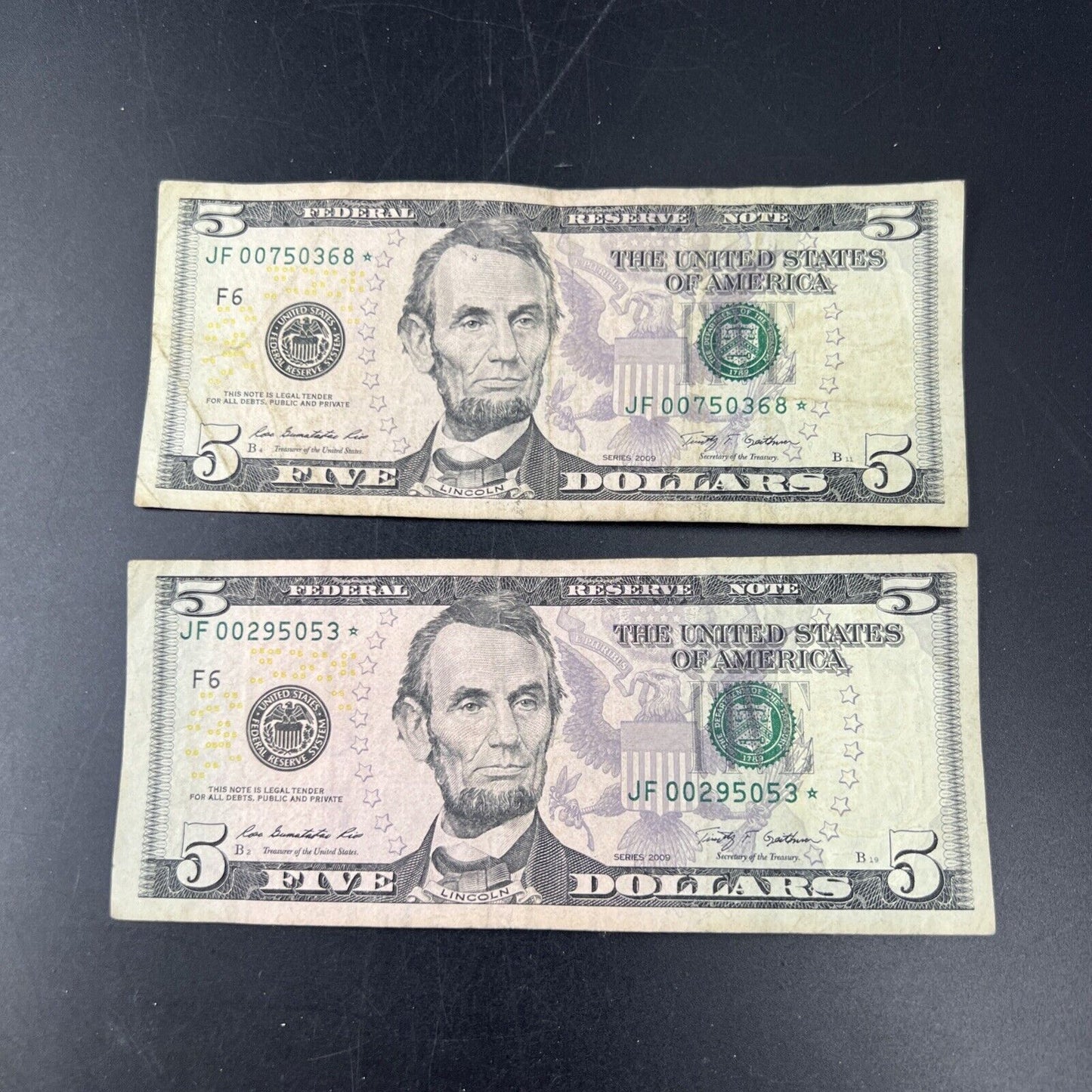 Lot of 2 2009 * Star $5 FRN Federal Reserve Notes Circulated #053