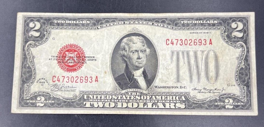 1928 D $2 Two Dollar Legal Tender Red Seal MULE NOTE VF Very Fine Circ