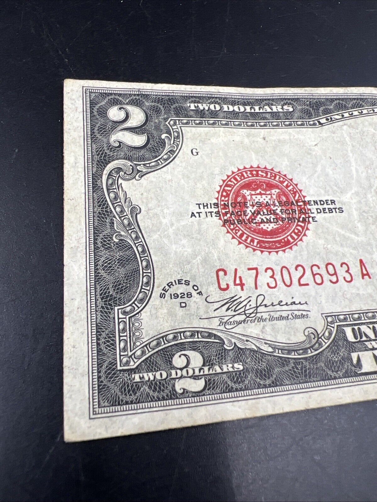 1928 D $2 Two Dollar Legal Tender Red Seal MULE NOTE VF Very Fine Circ