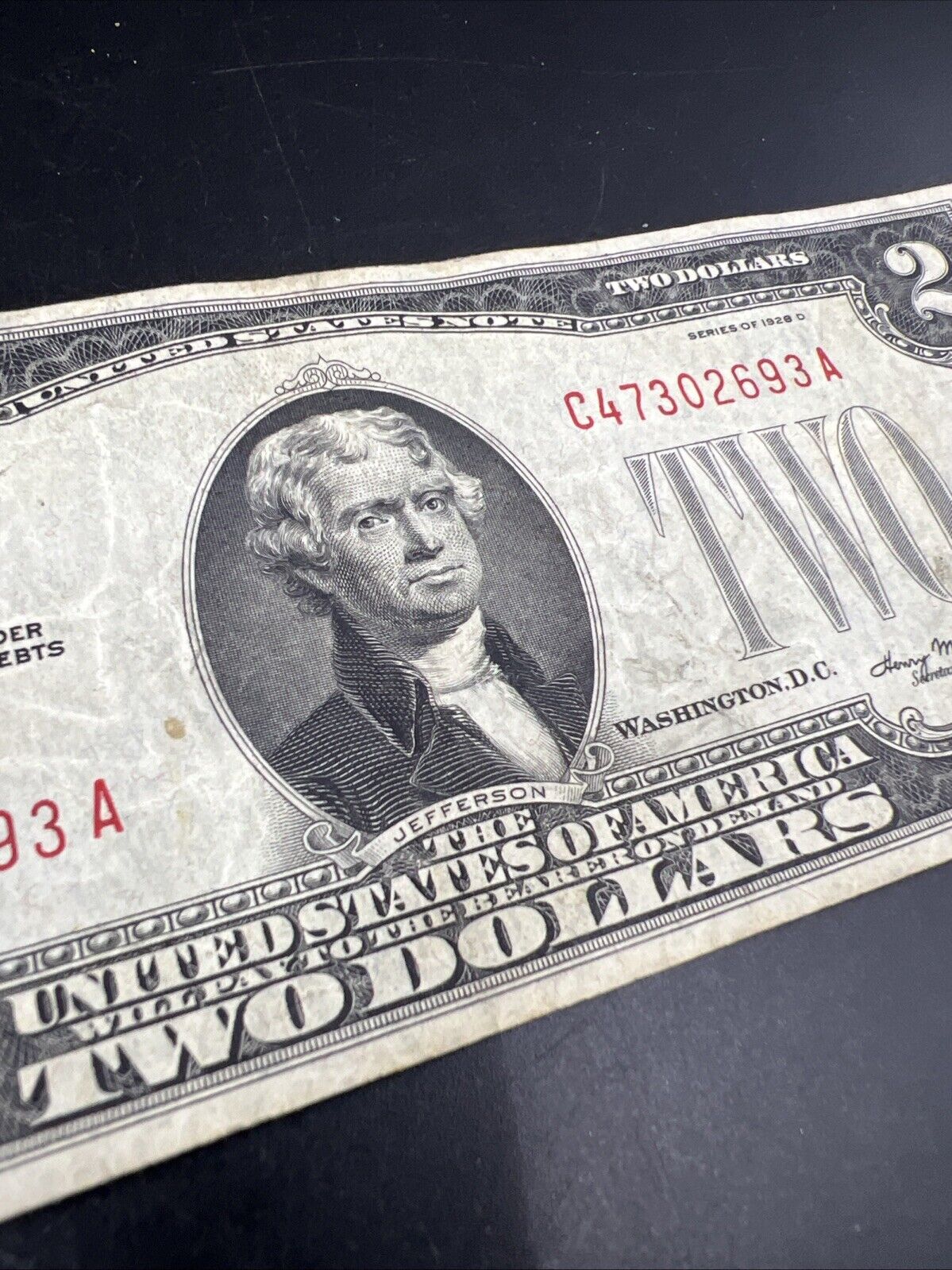 1928 D $2 Two Dollar Legal Tender Red Seal MULE NOTE VF Very Fine Circ