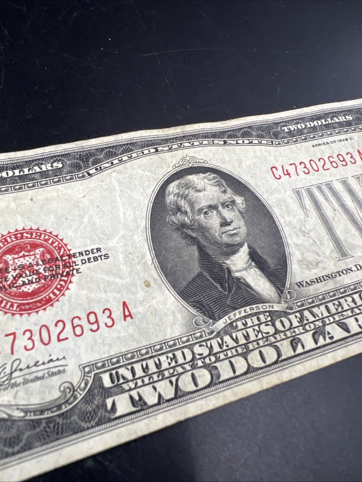 1928 D $2 Two Dollar Legal Tender Red Seal MULE NOTE VF Very Fine Circ