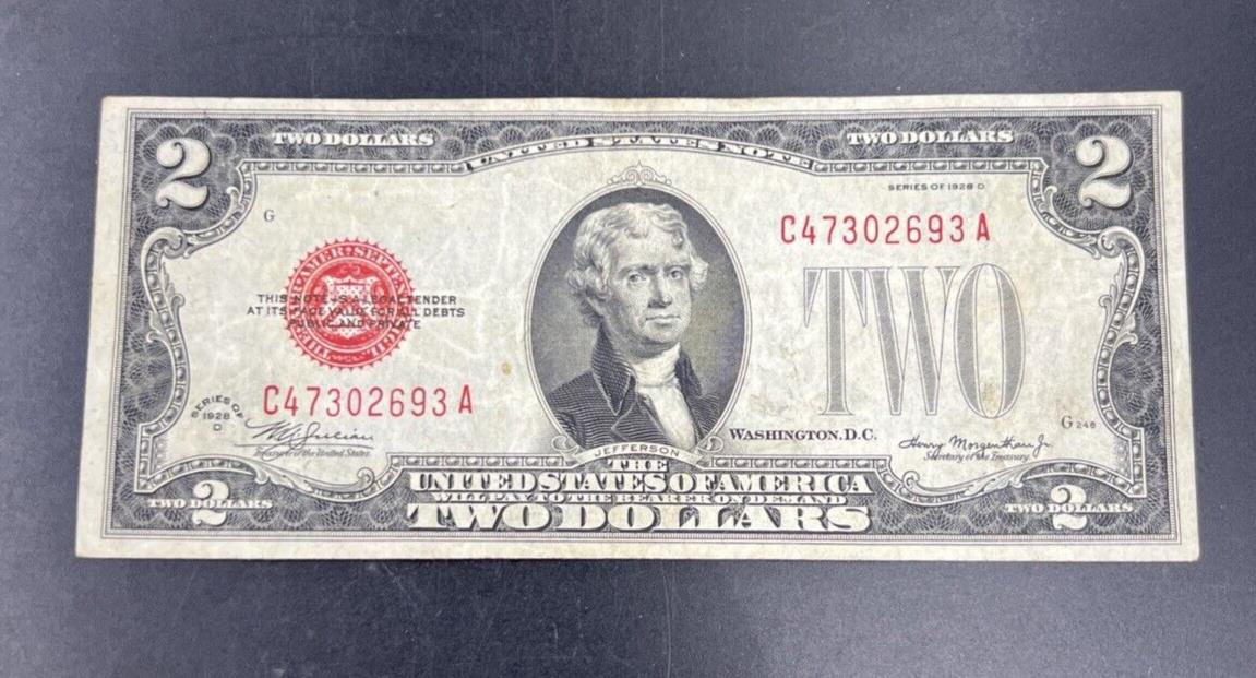 1928 D $2 Two Dollar Legal Tender Red Seal MULE NOTE VF Very Fine Circ