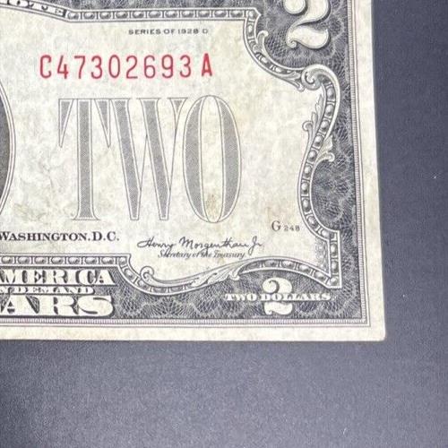 1928 D $2 Two Dollar Legal Tender Red Seal MULE NOTE VF Very Fine Circ