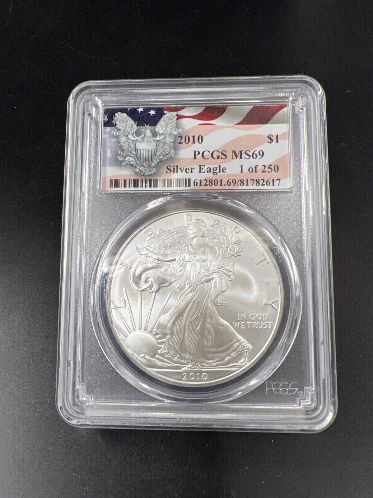 2010 1 Oz ASE American Silver Eagle PCGS MS69 USA American Flag Holder 1/250 #