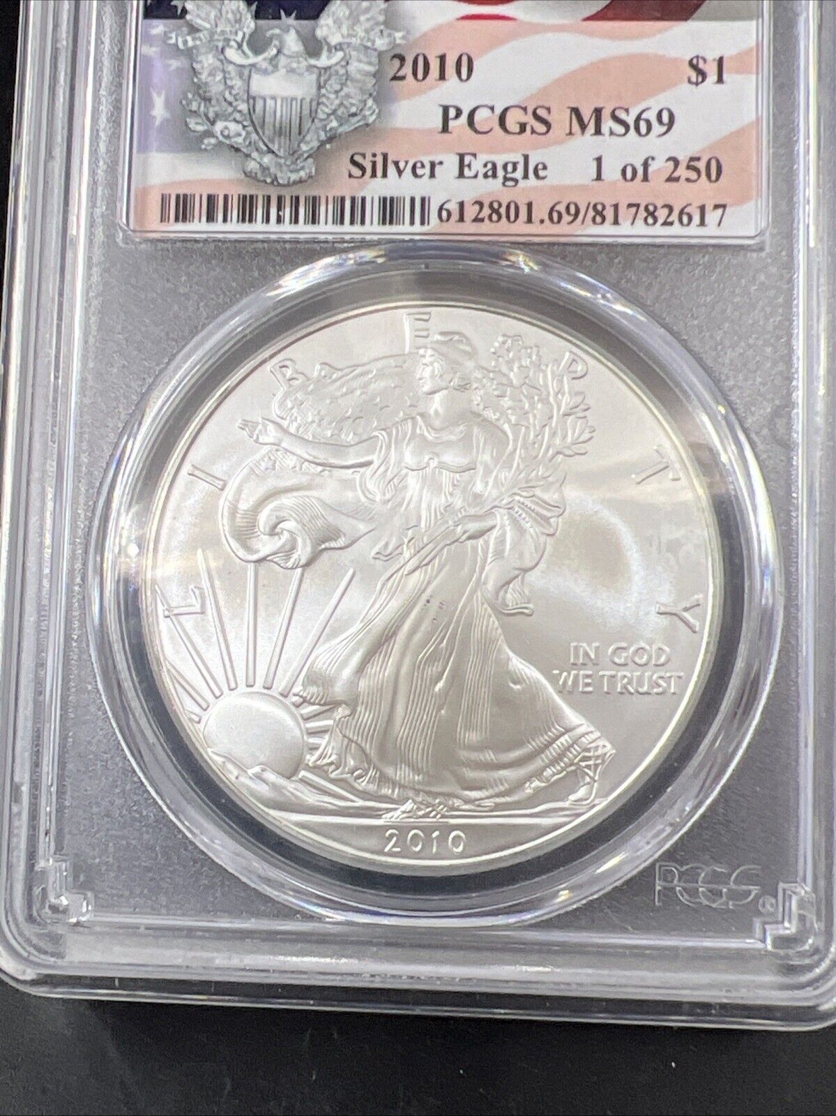 2010 1 Oz ASE American Silver Eagle PCGS MS69 USA American Flag Holder 1/250 #
