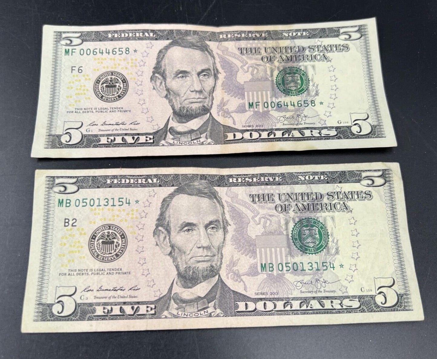 Lot of 2 2013 * Star $5 FRN Federal Reserve Notes Circulated #154