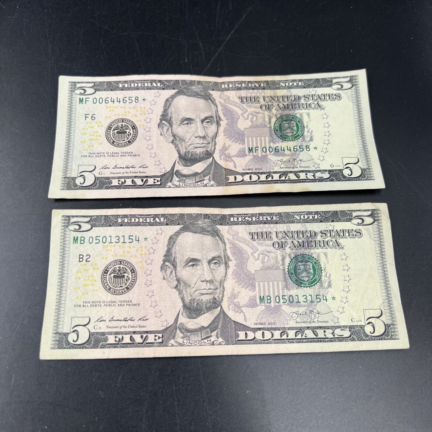Lot of 2 2013 * Star $5 FRN Federal Reserve Notes Circulated #154