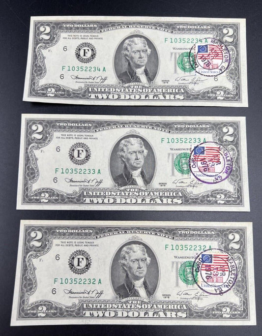 3 Consecutive 1976 Bicentennial Postal FRN Federal Reserve Notes UNC Mableton GA