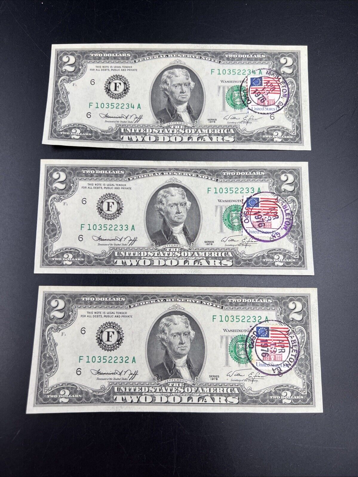 3 Consecutive 1976 Bicentennial Postal FRN Federal Reserve Notes UNC Mableton GA